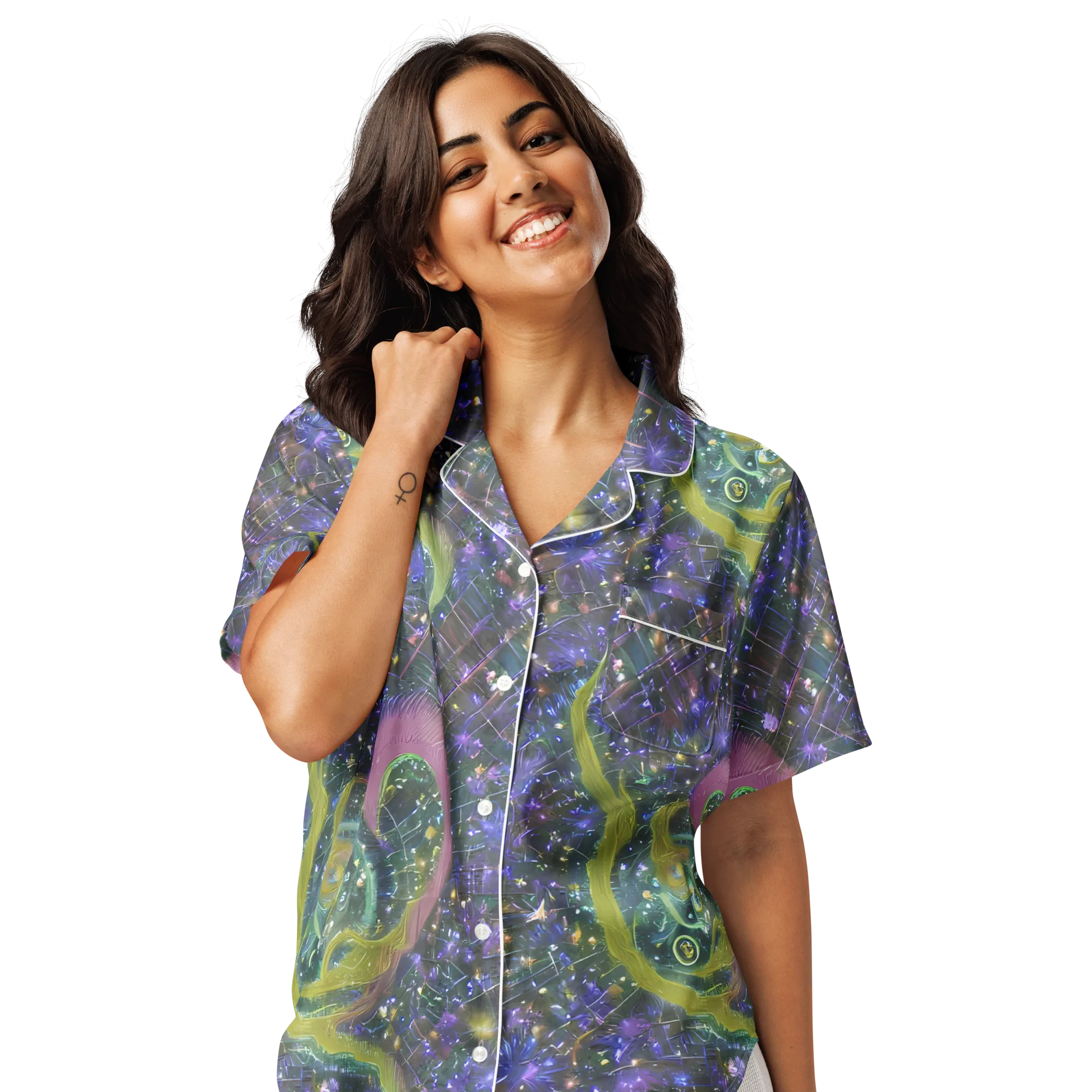 Neon Garden Grid on Women's Short Sleeve Pajama Top — Front
