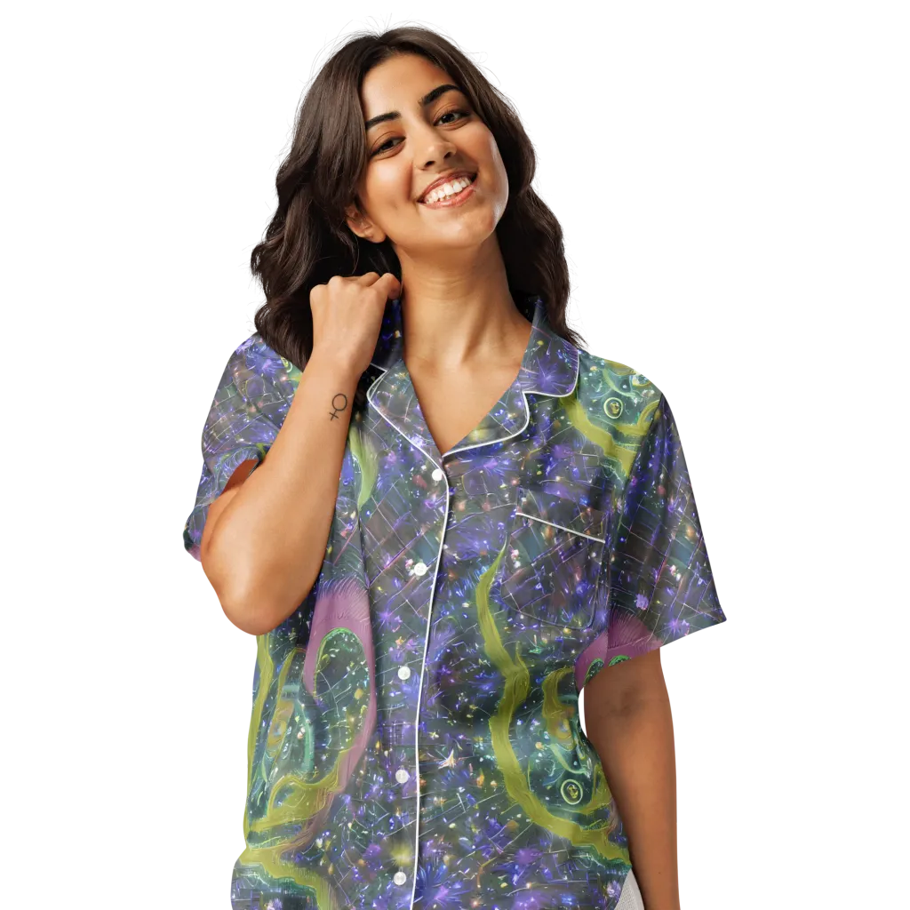 Neon Garden Grid on Women's Short Sleeve Pajama Top — Front