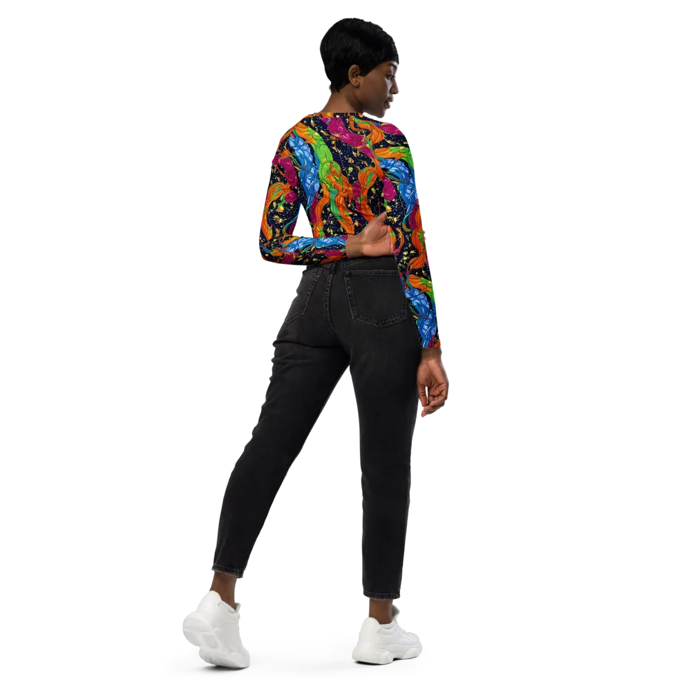 Tropical Static on Long Sleeve Crop Top — Right Back