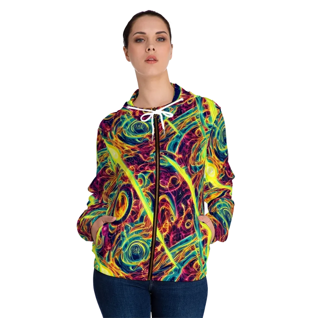 Fuchsia Thunder on Women's Full-Zip Hoodie — Front On Person