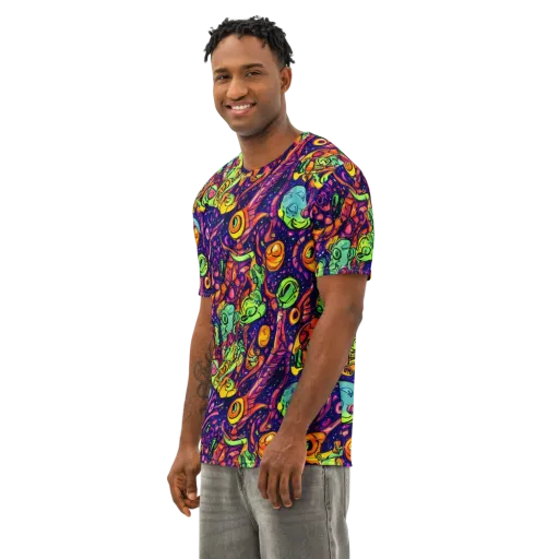 Cosmic Critter Riot on a Men's Cotton Crew Neck T-Shirt