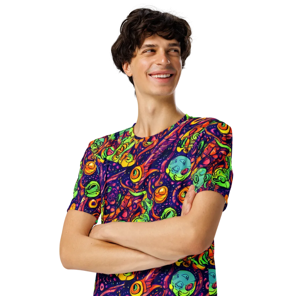 Cosmic Critter Riot on Men's Crew Neck T-Shirt — Left Front