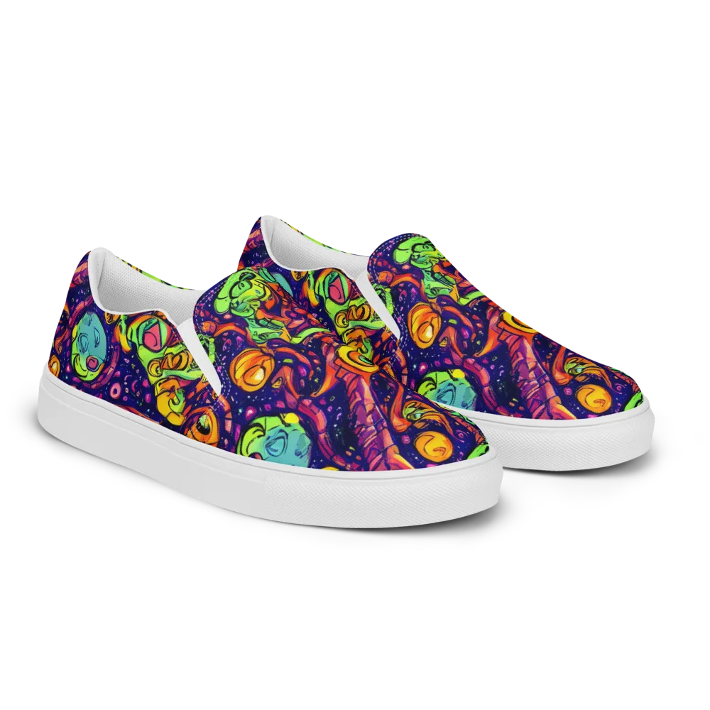 Cosmic Critter Riot on Men's Slip-On Canvas Shoes — Right Front