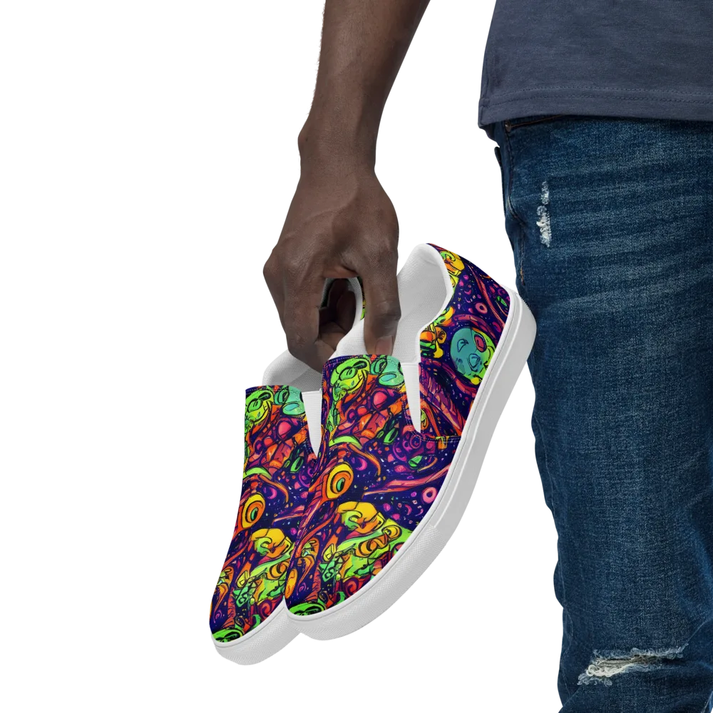 Cosmic Critter Riot on Men's Slip-On Canvas Shoes — Left Front