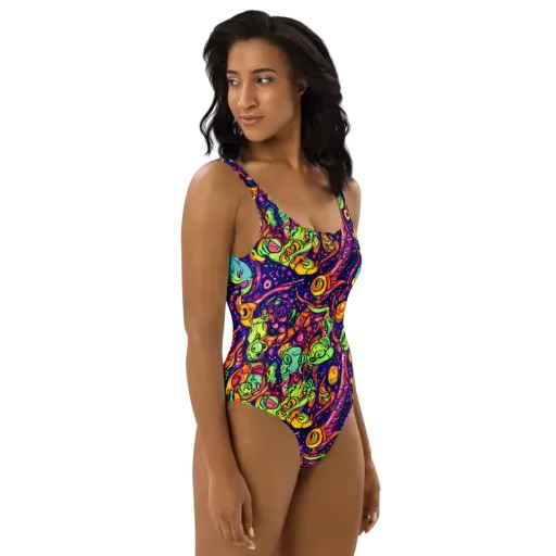 Cosmic Critter Riot on a One-Piece Swimsuit