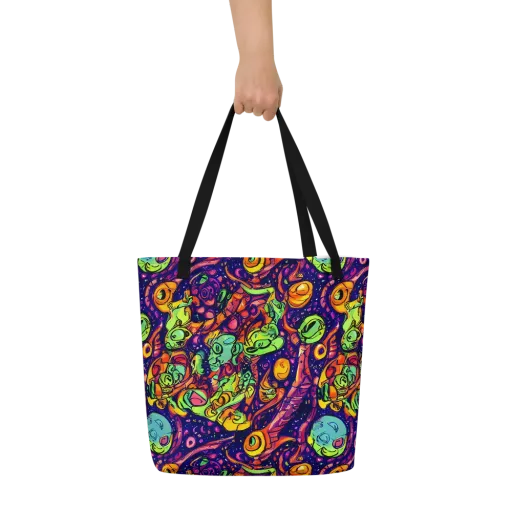 Cosmic Critter Riot on a Large Tote Bag W/ Pocket