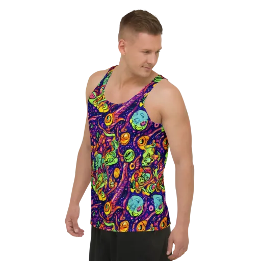 Cosmic Critter Riot on a Men's Tank Top