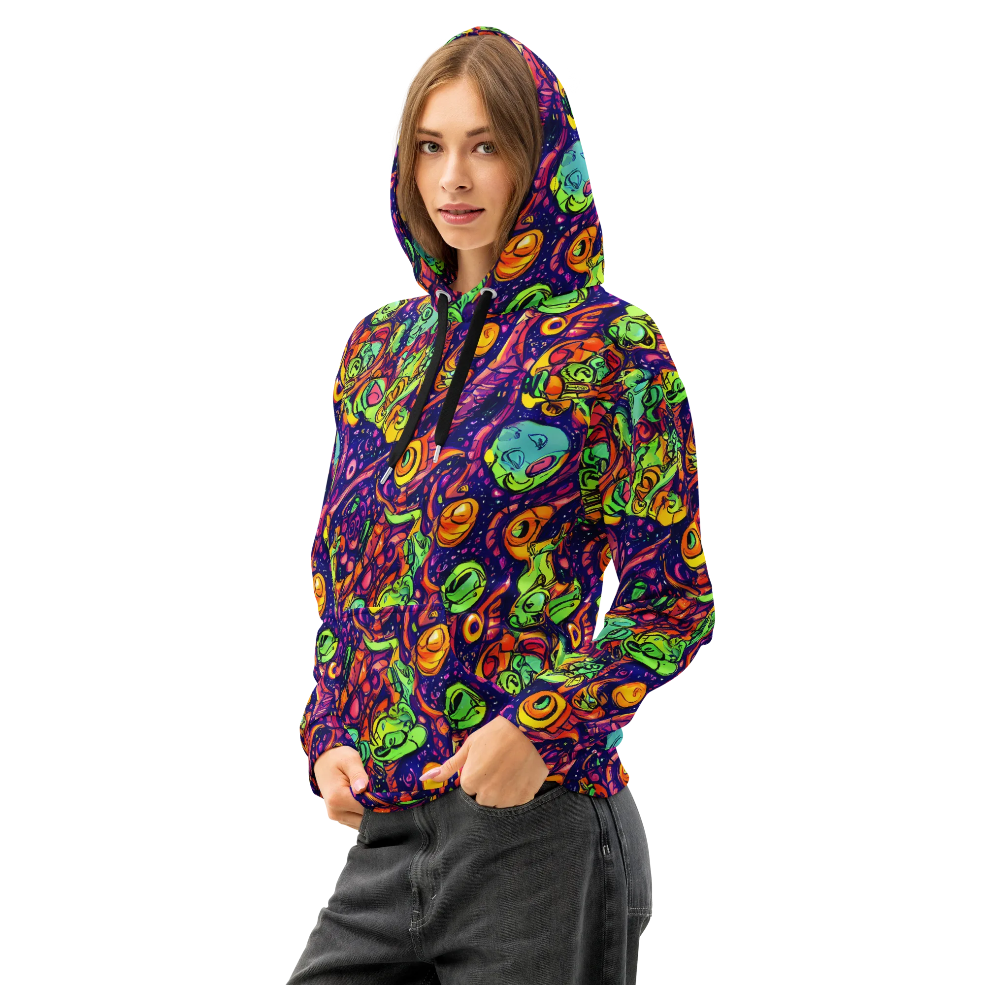 Cosmic Critter Riot on Cotton Hoodie — Left Front