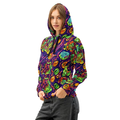 Cosmic Critter Riot on a Cotton Hoodie