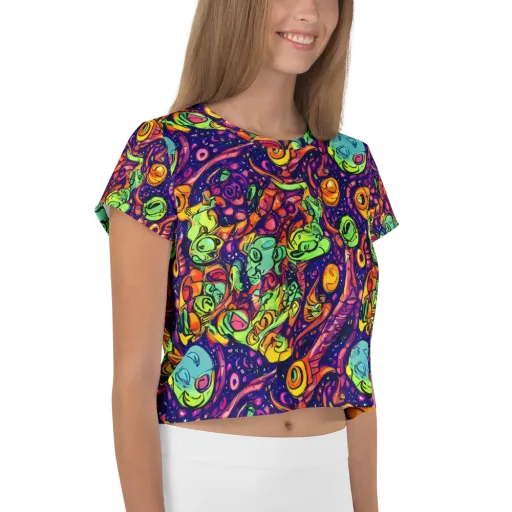 Cosmic Critter Riot on a Crop Tee