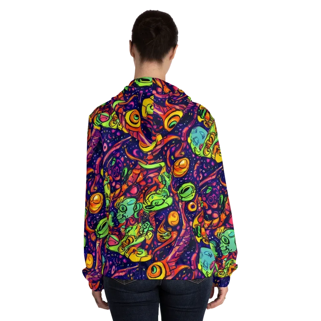 Cosmic Critter Riot on Women's Full-Zip Hoodie — Back On Person