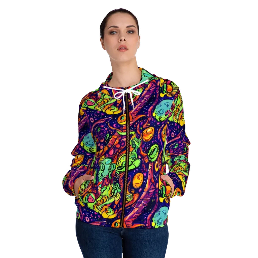 Cosmic Critter Riot on Women's Full-Zip Hoodie — Front On Person