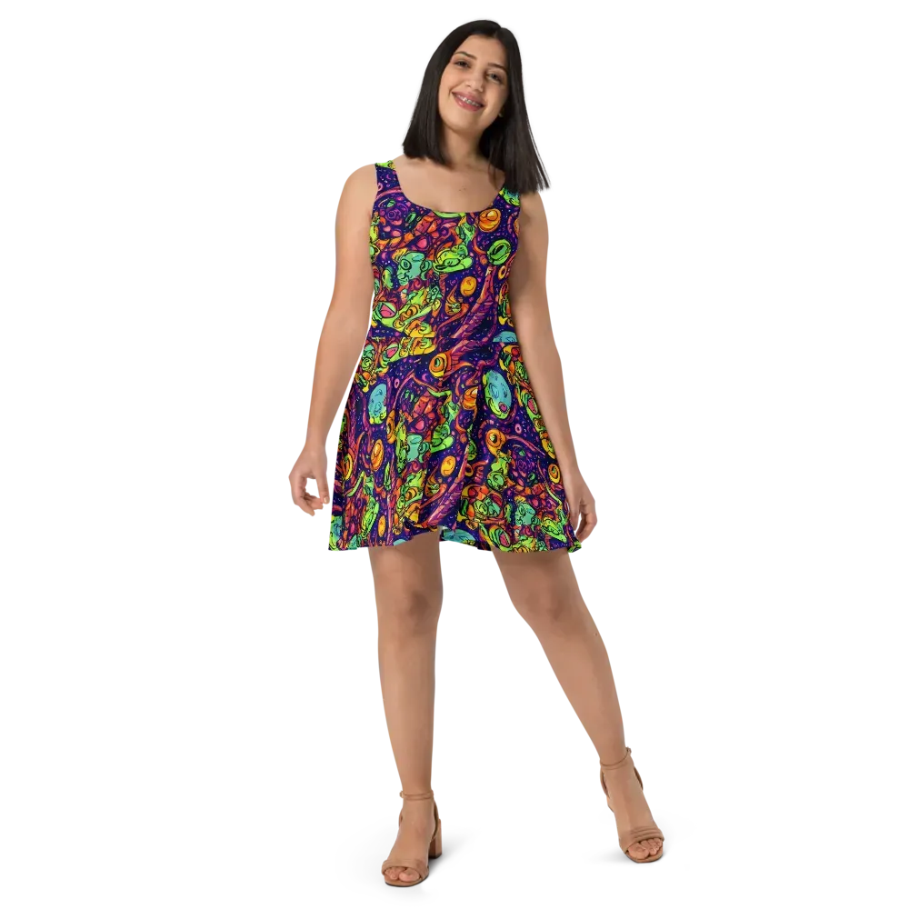 Cosmic Critter Riot on Skater Dress — Front