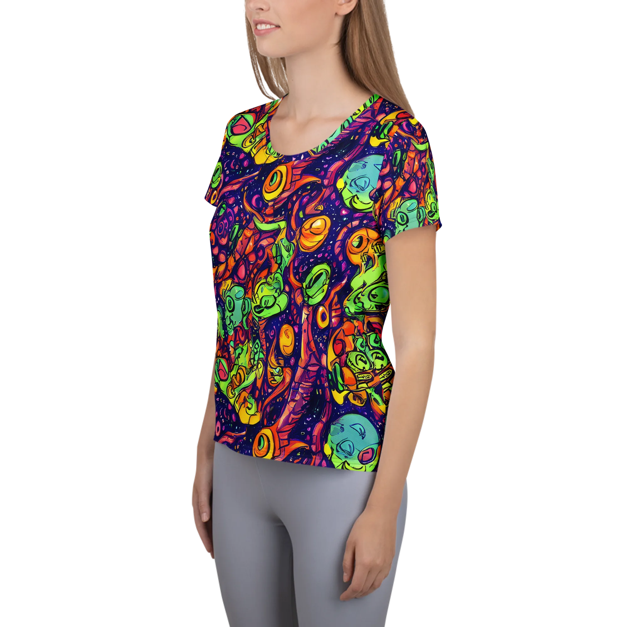Cosmic Critter Riot on Women's Athletic T-Shirt — Left