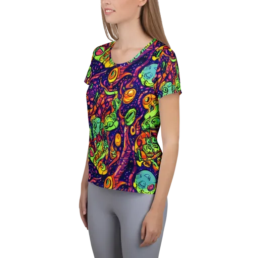 Cosmic Critter Riot on a Women's Athletic T-Shirt