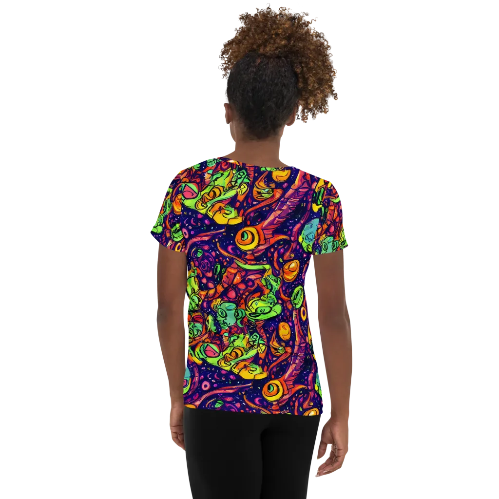 Cosmic Critter Riot on Women's Athletic T-Shirt — Back