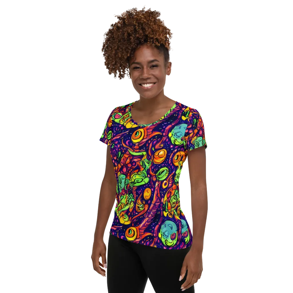 Cosmic Critter Riot on Women's Athletic T-Shirt — Left
