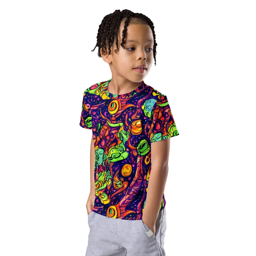 Cosmic Critter Riot on Kids Crew Neck T-Shirt — Left Front