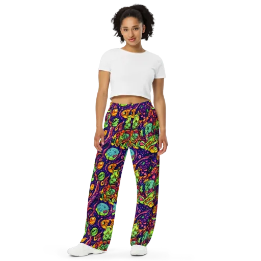Cosmic Critter Riot on a Wide-Leg Pants