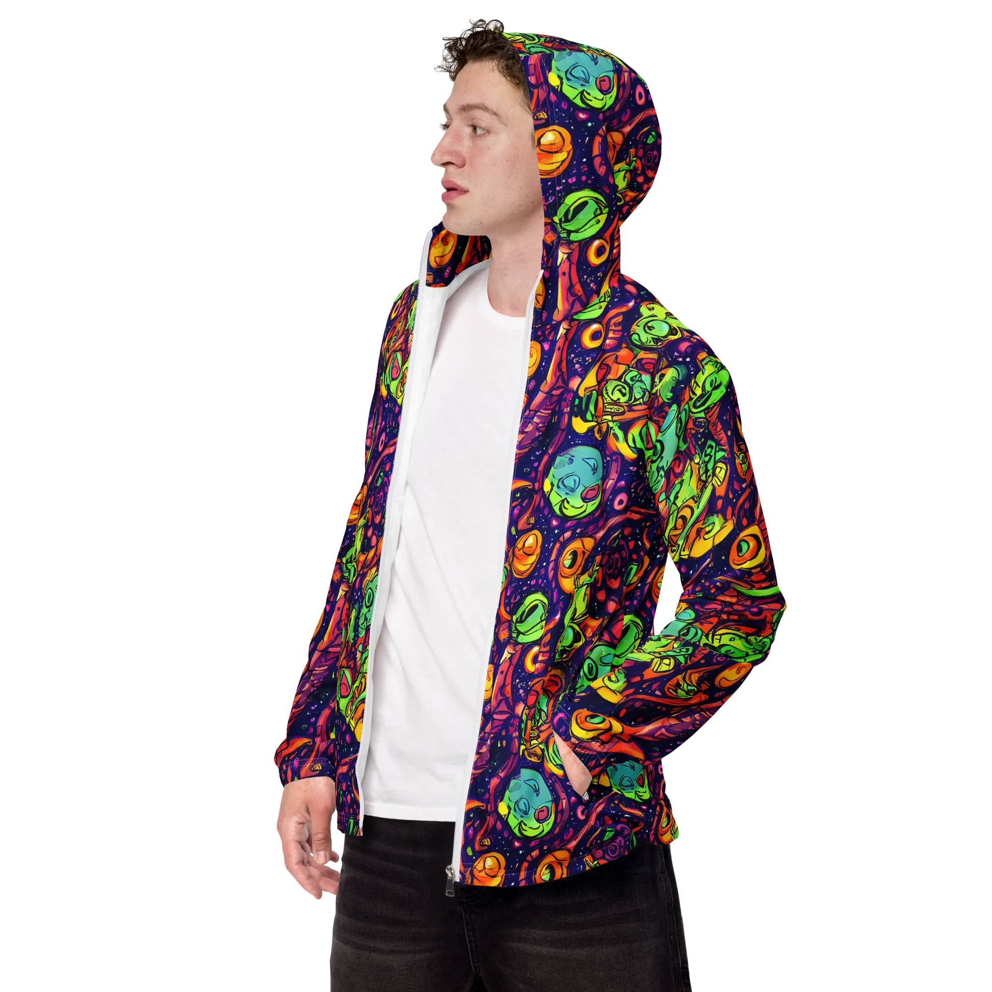 Cosmic Critter Riot on Men's Windbreaker — Left Front
