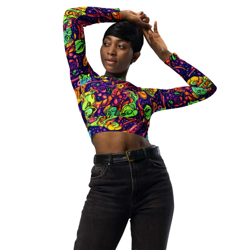 Cosmic Critter Riot on Long Sleeve Crop Top — Front
