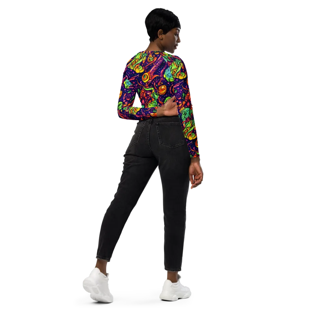 Cosmic Critter Riot on Long Sleeve Crop Top — Right Back