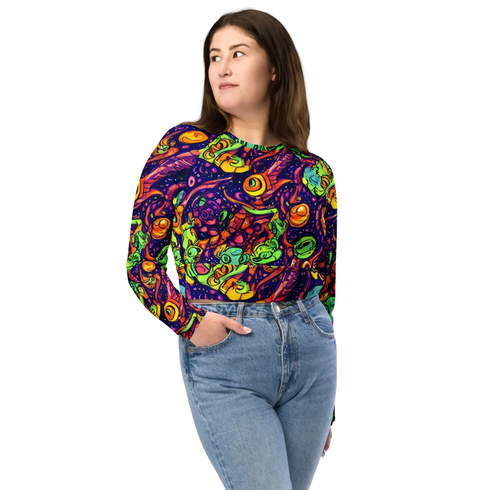 Cosmic Critter Riot on Long Sleeve Crop Top — Front