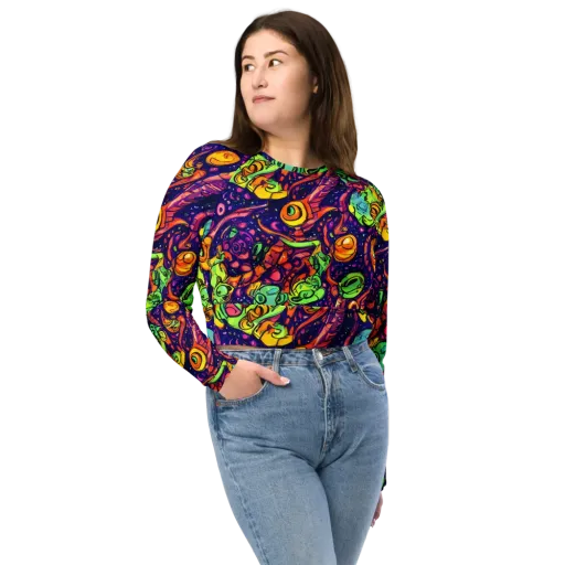 Cosmic Critter Riot on a Long Sleeve Crop Top