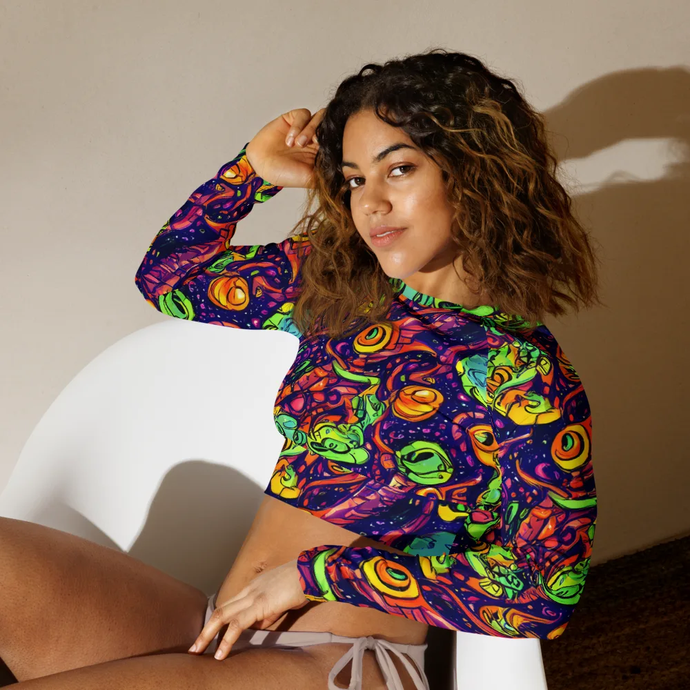Cosmic Critter Riot on Long Sleeve Crop Top — Left Front