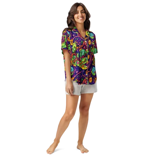 Cosmic Critter Riot on a Women's Short Sleeve Pajama Top