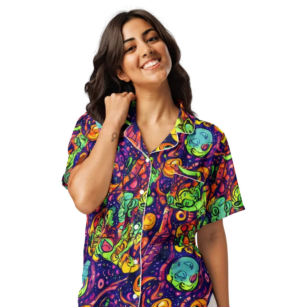 Cosmic Critter Riot on Women's Short Sleeve Pajama Top — Front