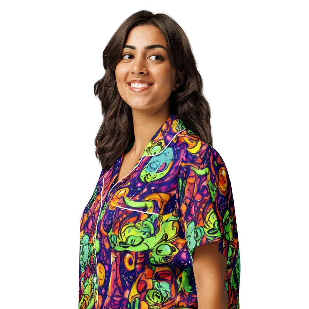 Cosmic Critter Riot on Women's Short Sleeve Pajama Top — Left Front