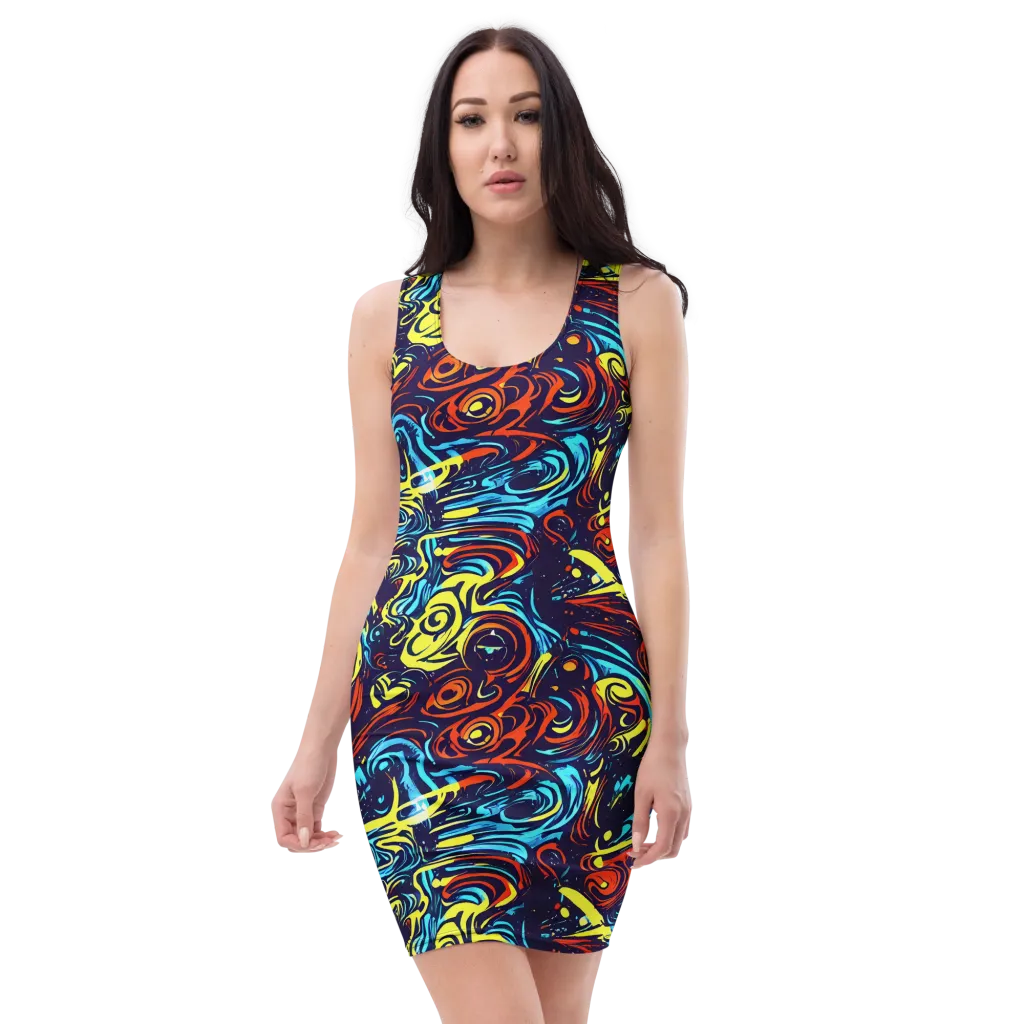 Vivid Whirlwind on Bodycon Dress — Front