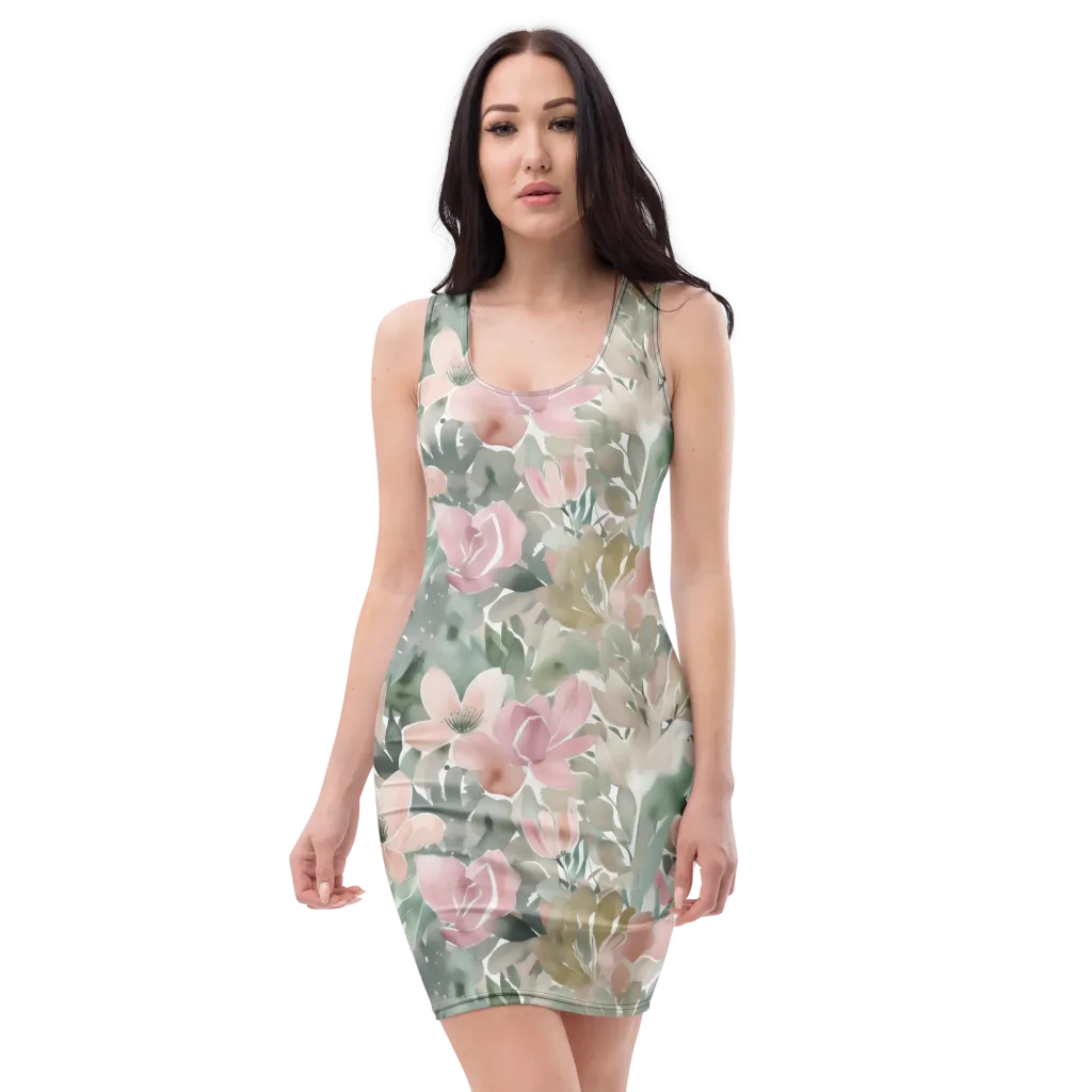 Sage Blossom on Bodycon Dress — Front