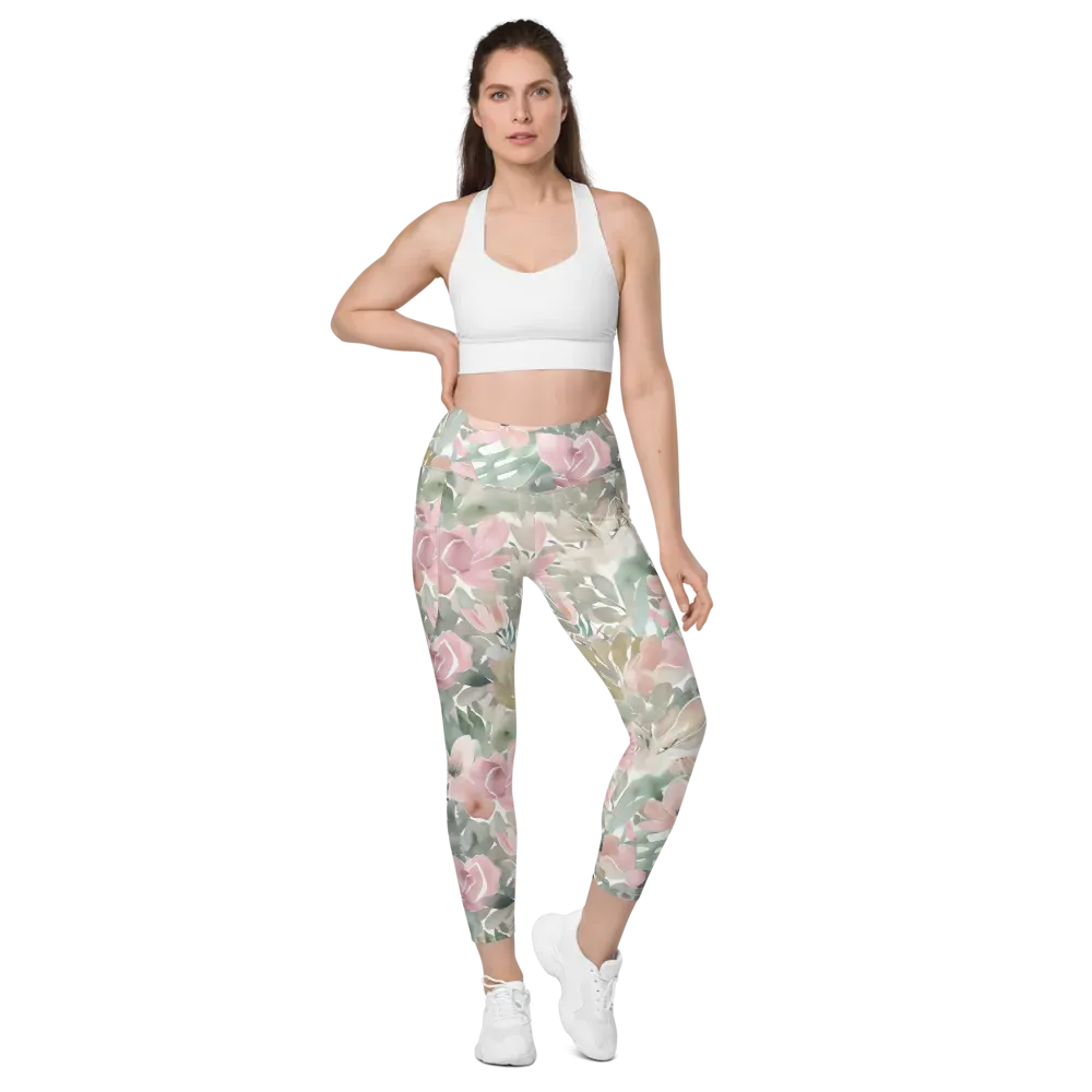 Sage Blossom on Leggings with Pockets — Front