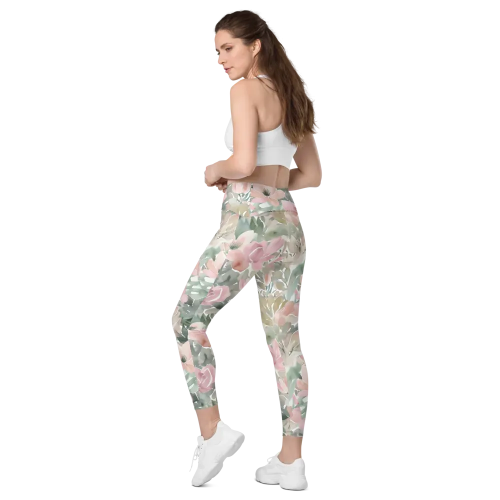 Sage Blossom on Leggings with Pockets — Left Back