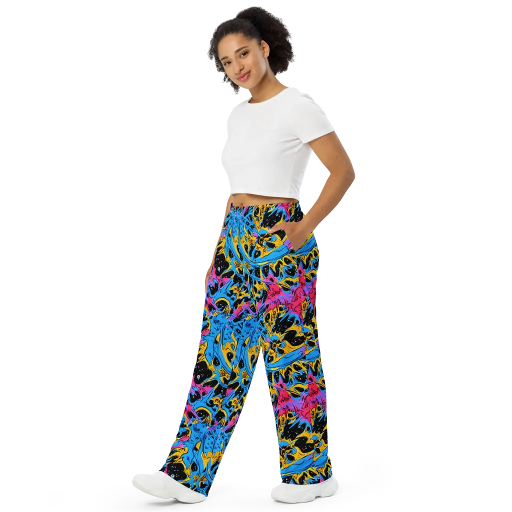 Electric Inkstorm on Wide-Leg Pants — Left Front