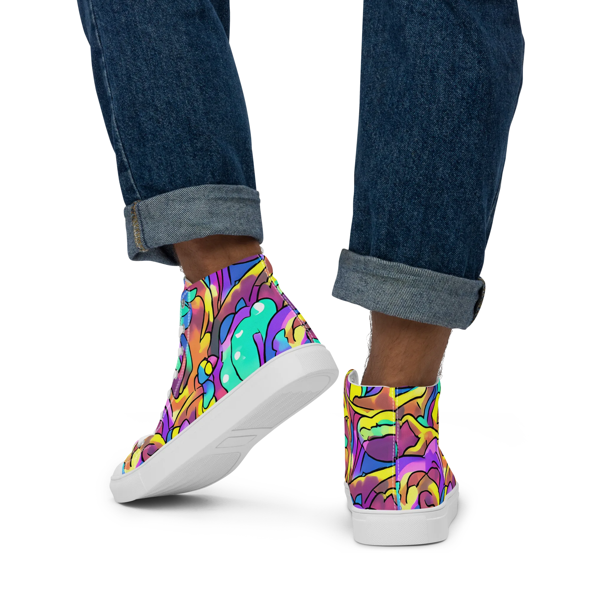 Glow Geometry on Men's High Top Canvas Shoes — Back