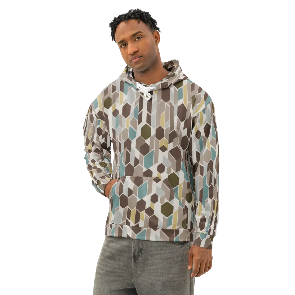 Cocoa Geometry on Cotton Hoodie — Left Front