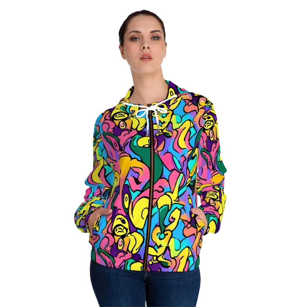 Chromatic Mischief on Women's Full-Zip Hoodie — Front On Person