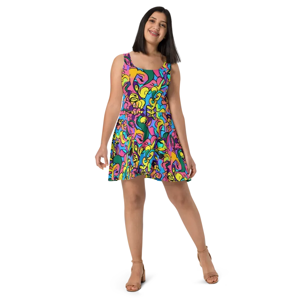 Chromatic Mischief on Skater Dress — Front
