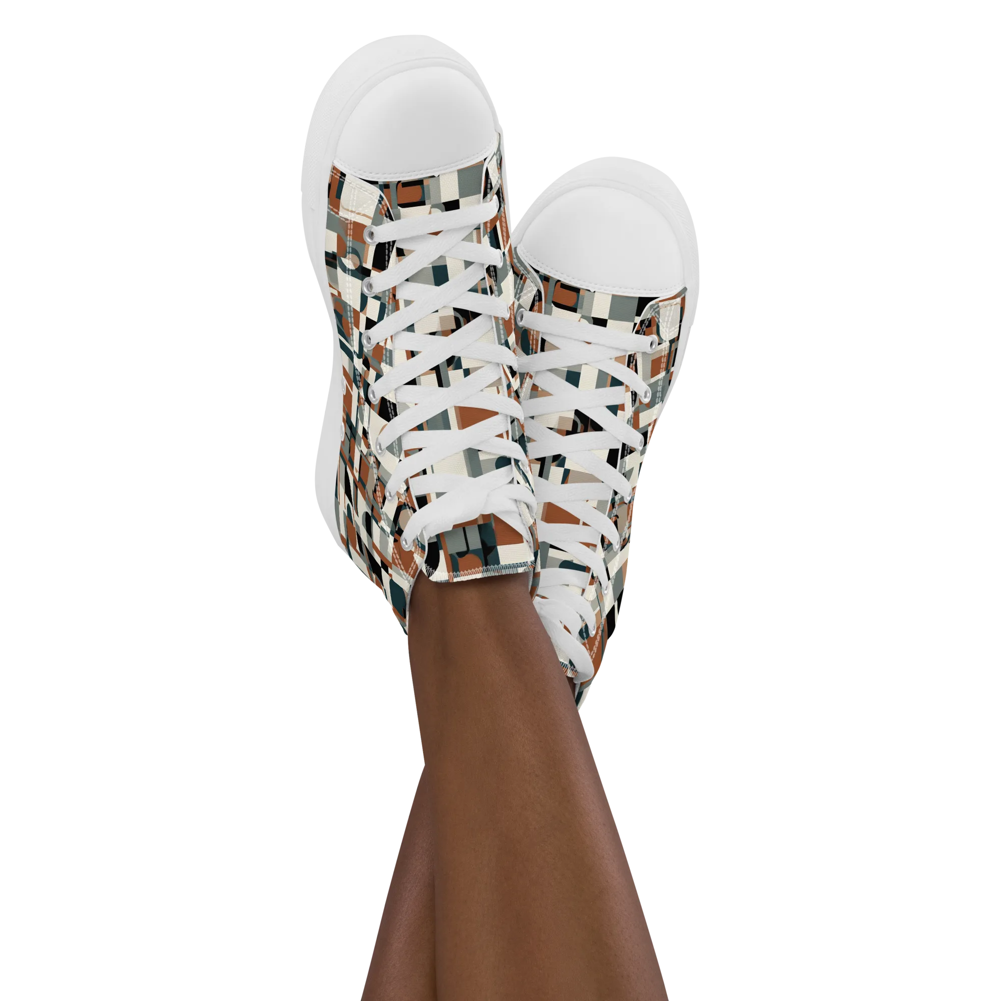 Terracotta Grid on Women's High Top Canvas Shoes — Front