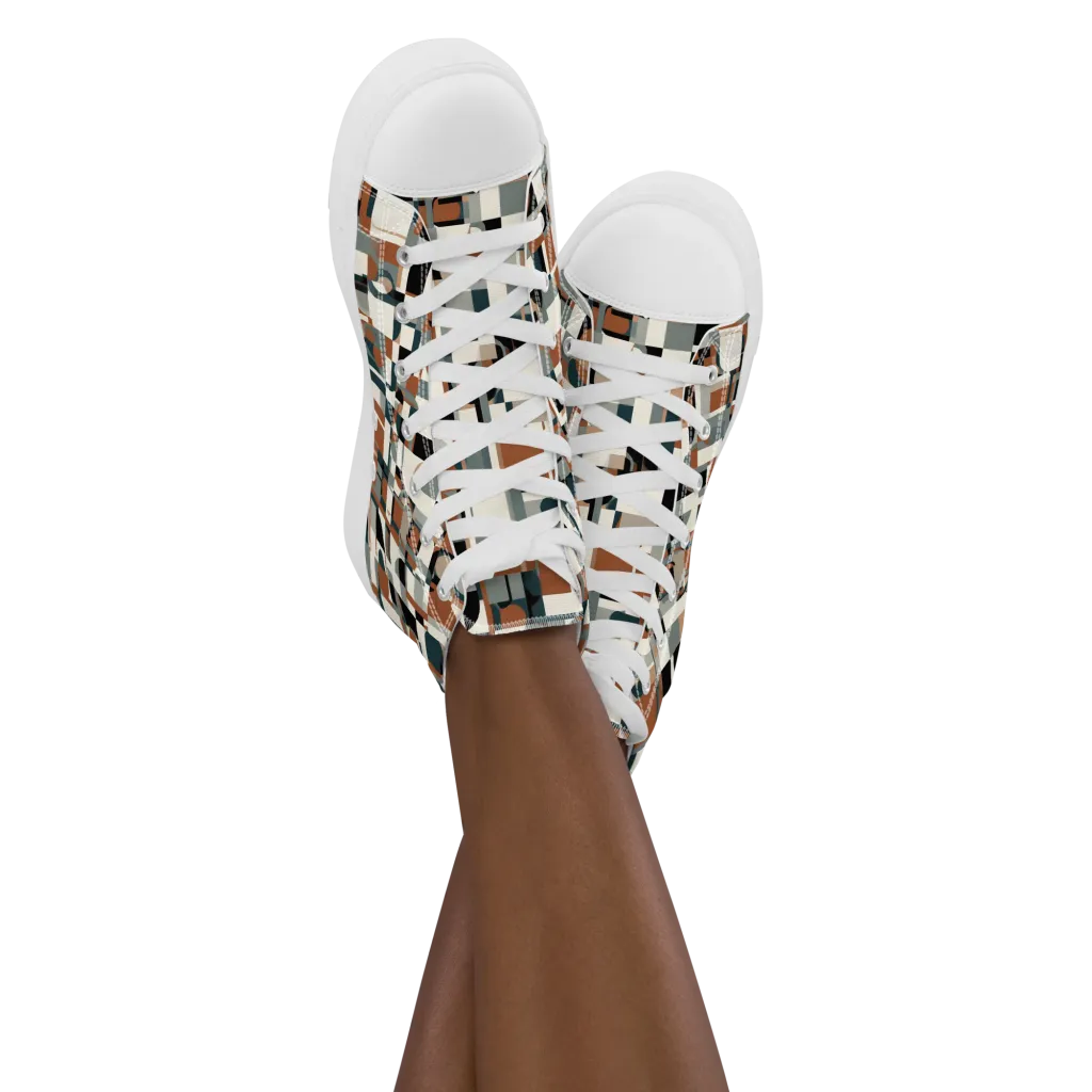 Terracotta Grid on Women's High Top Canvas Shoes — Front
