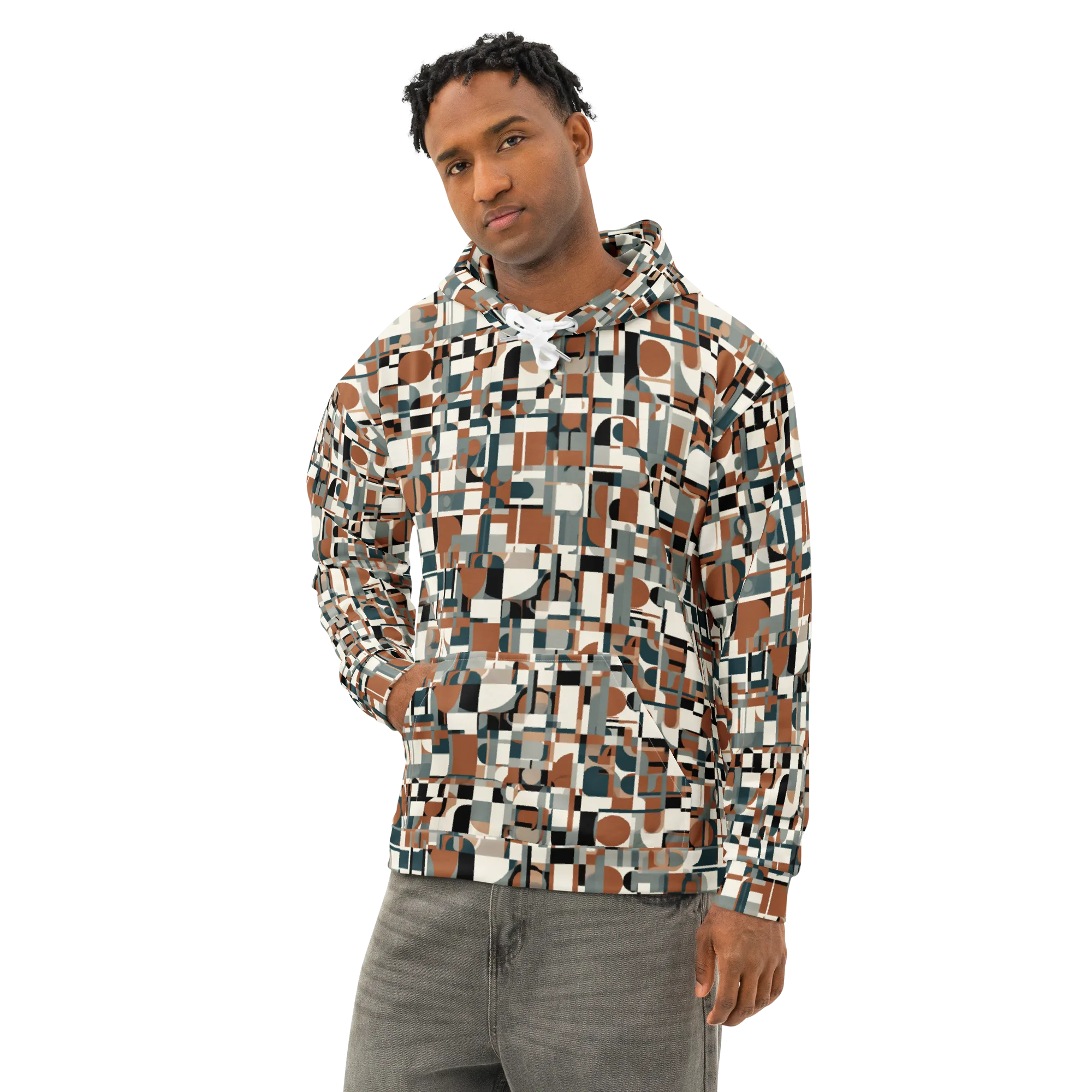 Terracotta Grid on Cotton Hoodie — Left Front