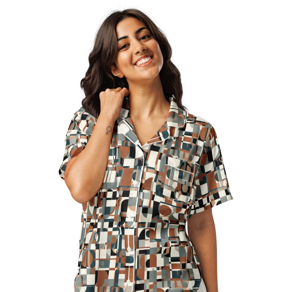 Terracotta Grid on Women's Short Sleeve Pajama Top — Front