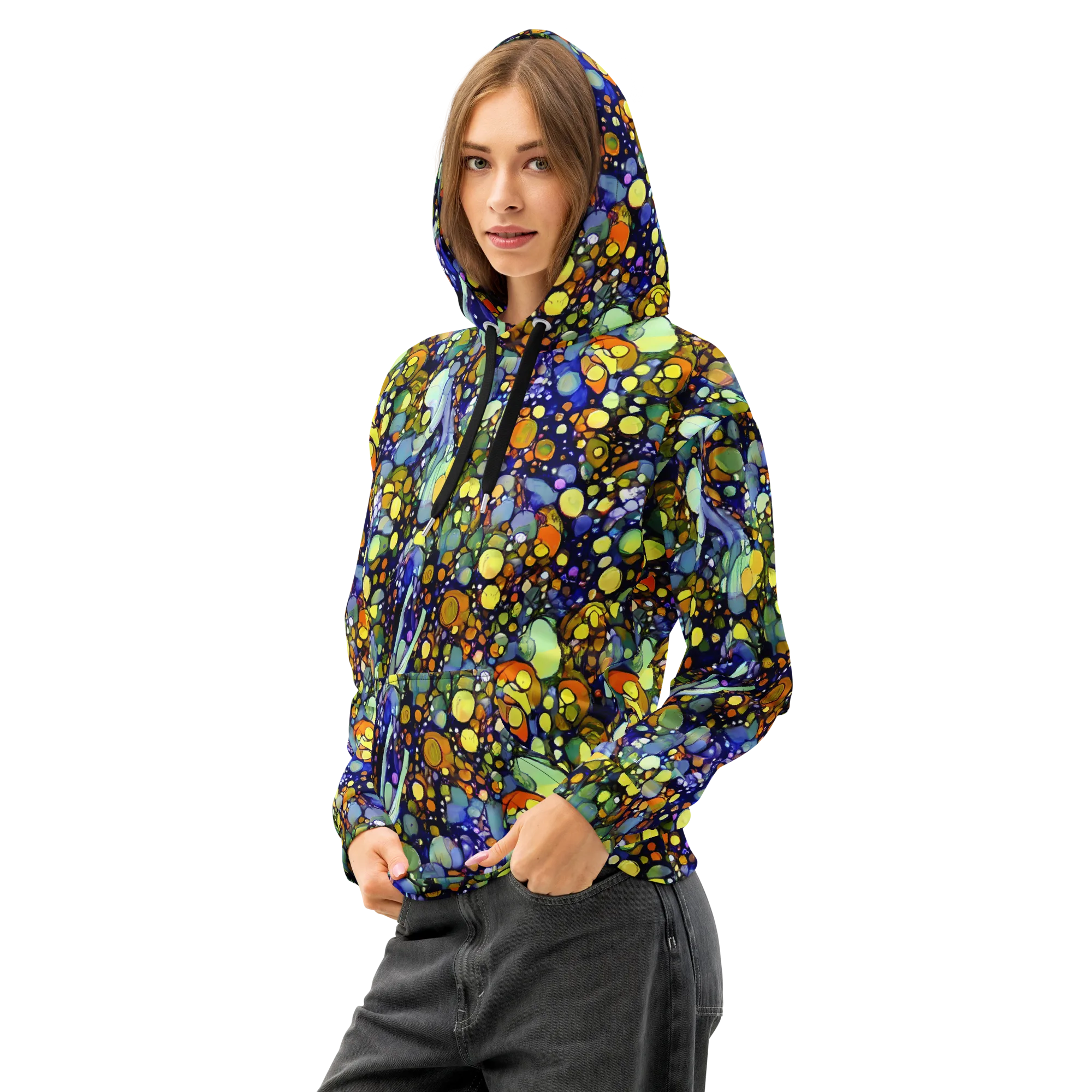 Indigo Carnival on Cotton Hoodie — Left Front