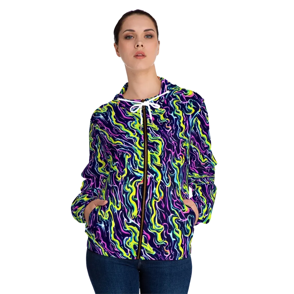 Acid Ribbons on Women's Full-Zip Hoodie — Front On Person
