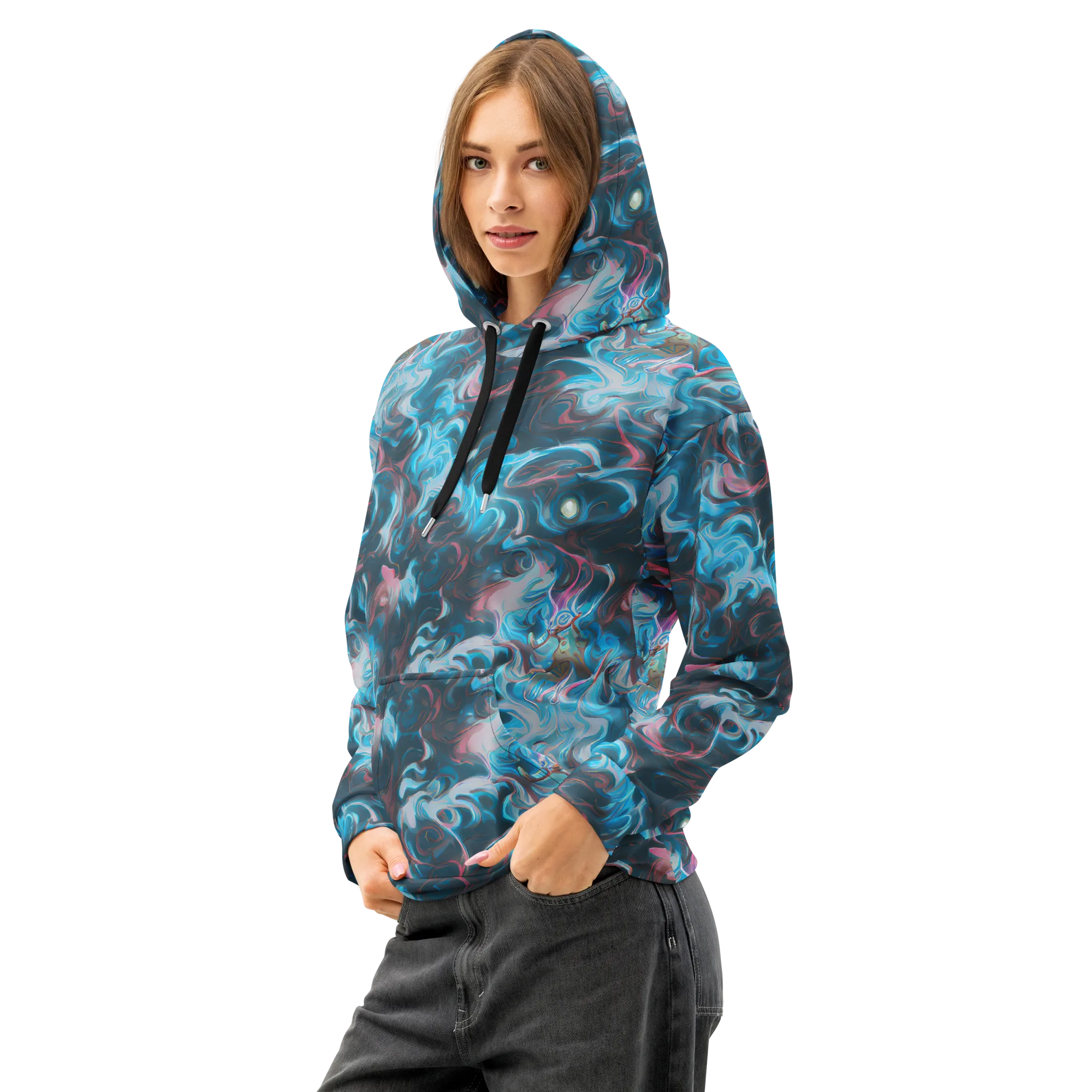 Blue Opal Storm on Cotton Hoodie — Left Front