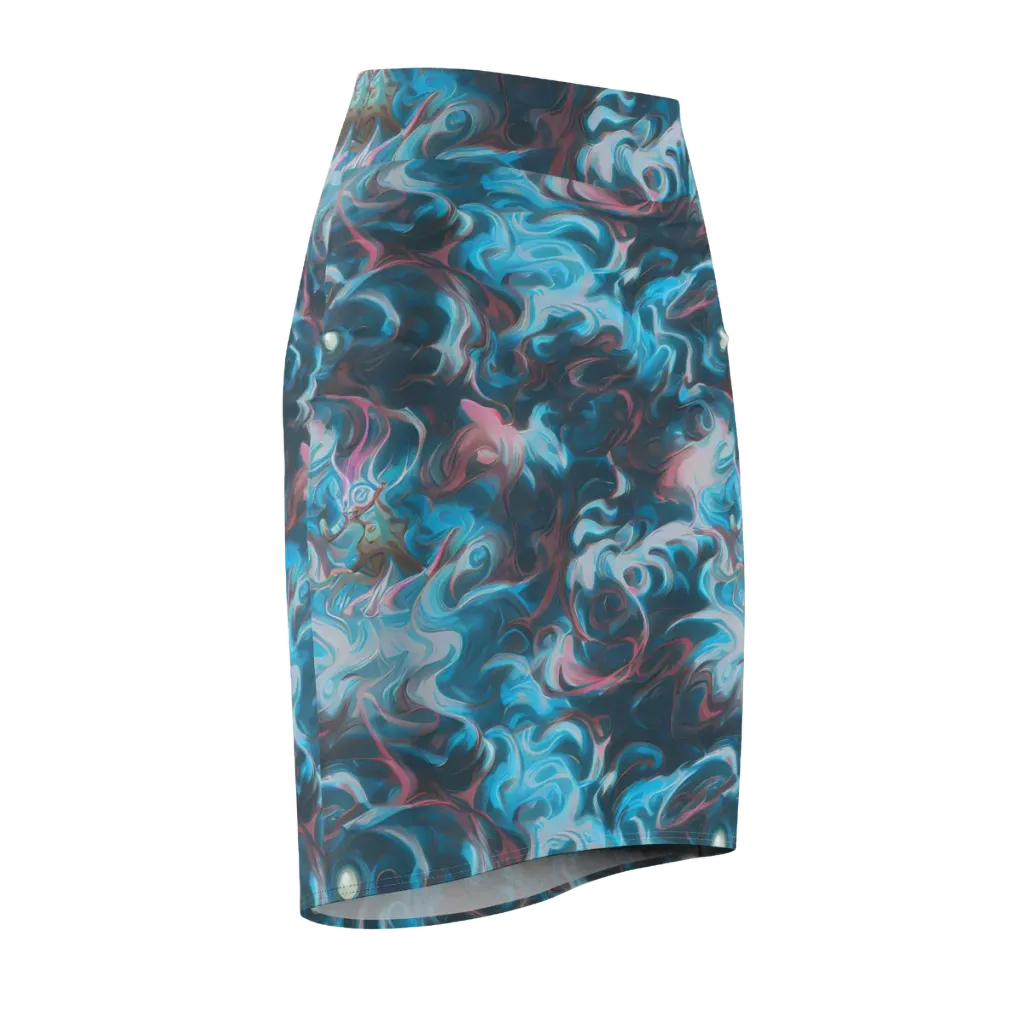 Blue Opal Storm on Pencil Skirt — Front Side