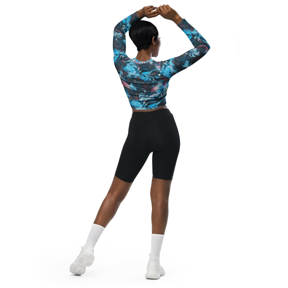 Blue Opal Storm on Long Sleeve Crop Top — Back